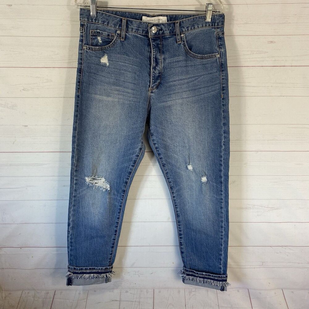 Vintage America Womens Taper Ankle Jeans Sz 10 Blue Fringe Cuff Stretch Pockets